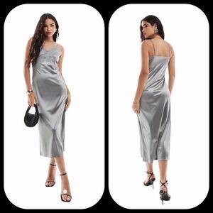 Vero Moda Midi Silver Slip Dress Sz XL NWT Velour Y2K Lace Bodice Griffin Cami